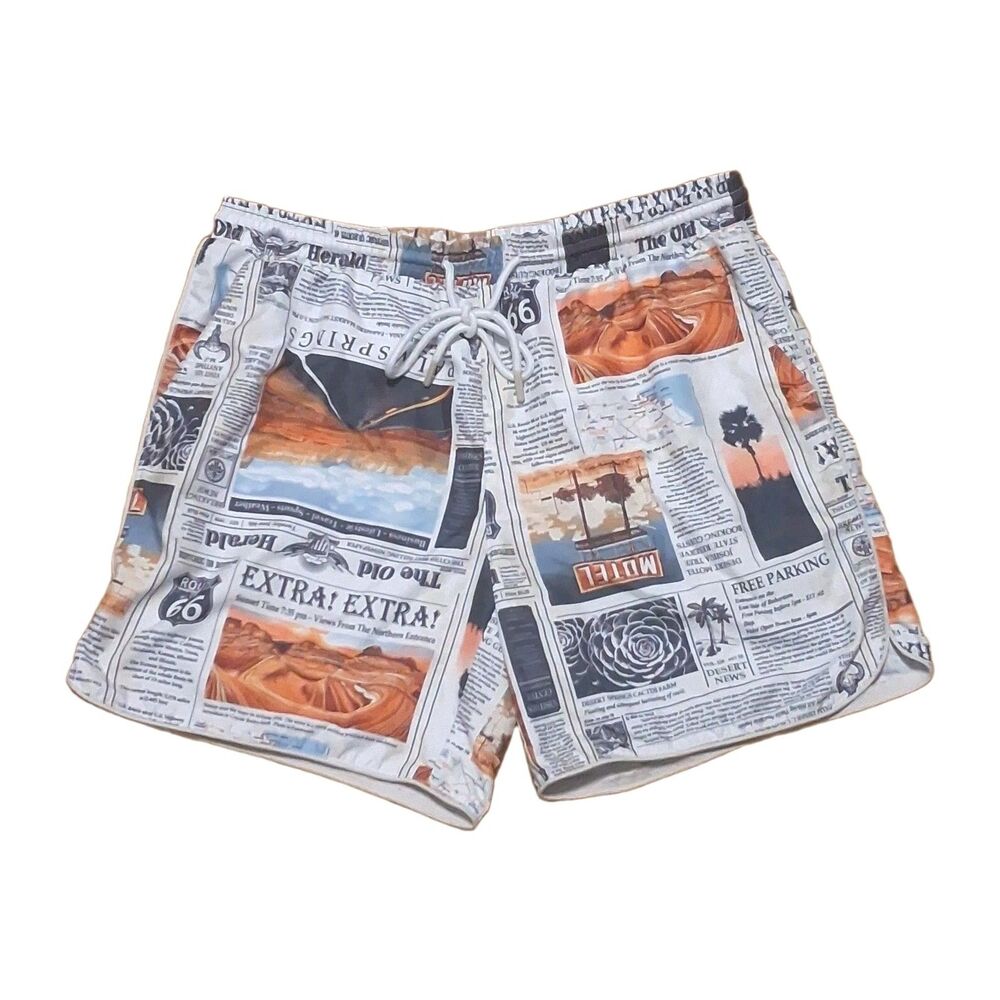 ​NO BOUNDARIES MENS SWIM TRUNKS MEDIUM 32 ROUTE 66 NEWSPAPER VINTAGE POCKET SHOR